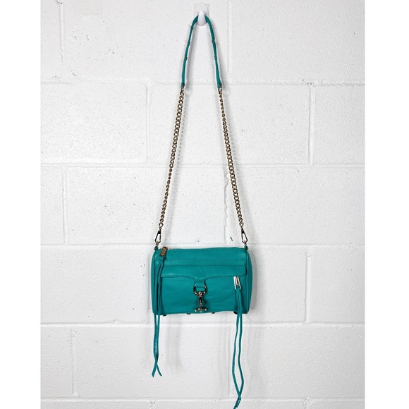 Rebecca Minkoff Mini Mac Crossbody Bag Turquoise Leather Gold Chain Hardware - Picture 1 of 10